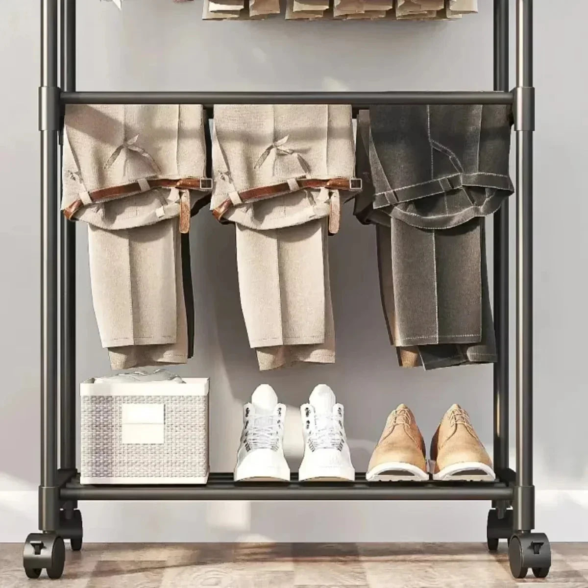 Movable Double Clothes Shelf Floor-Standing Coat Rack