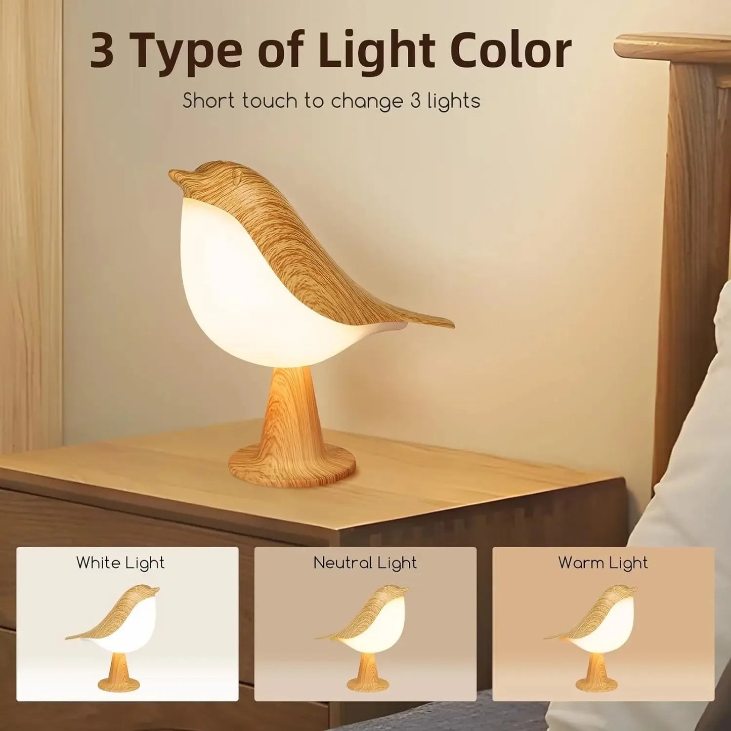 3 Colors Wooden Magpie Bird LED Night Light