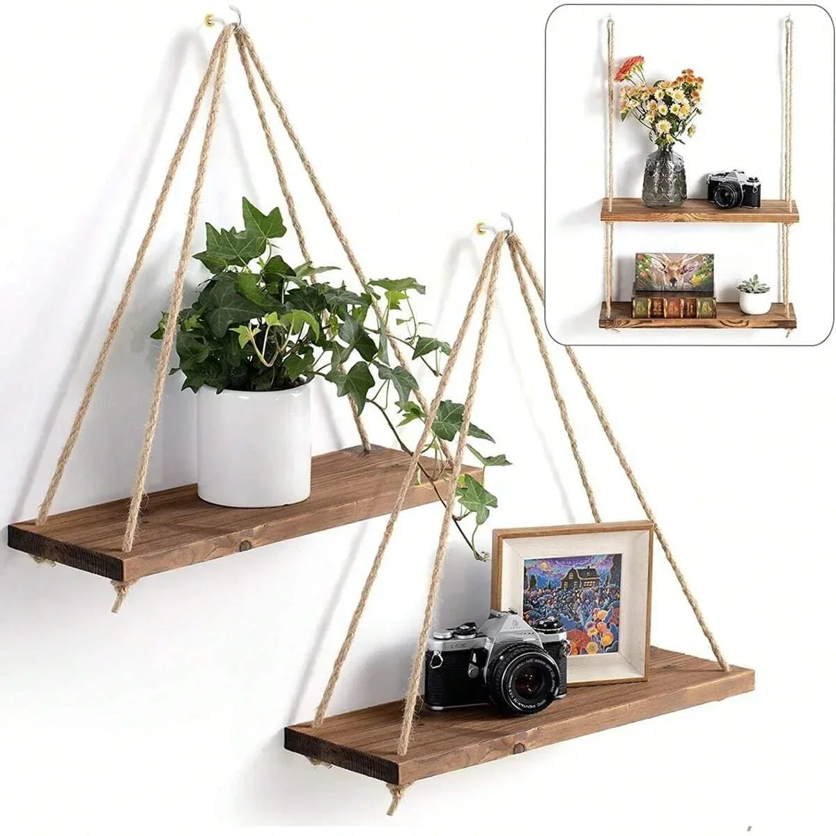 Wooden Swing Hanging Shelf Hemp Rope Tray