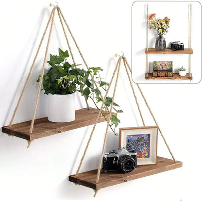 Wooden Swing Hanging Shelf Hemp Rope Tray