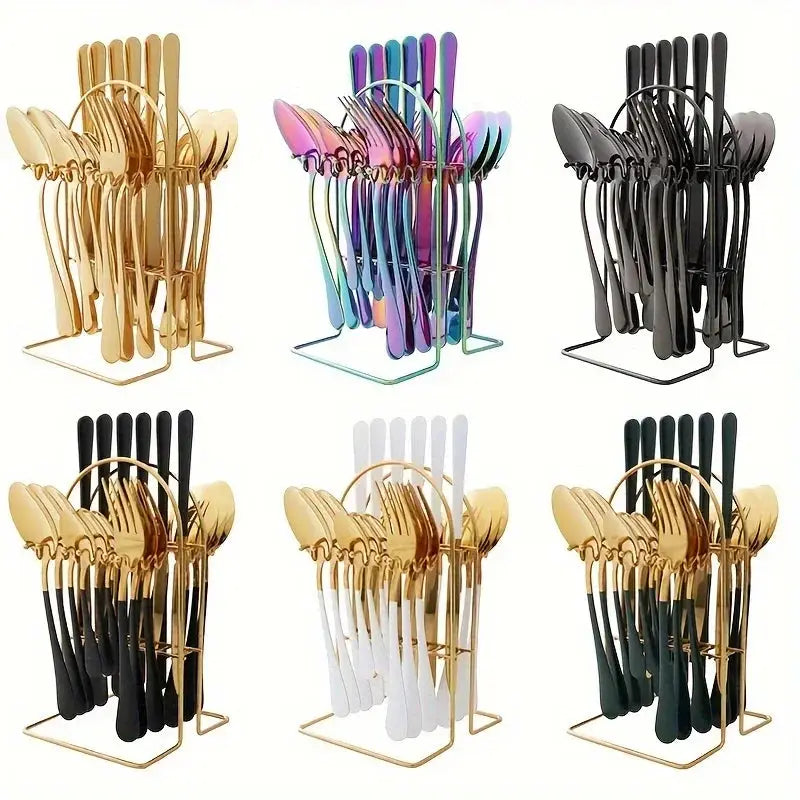 24-piece stainless steel cutlery set in various colors, including gold, black, white, and iridescent. Includes knives, forks, spoons, and teaspoons with a stylish stand.