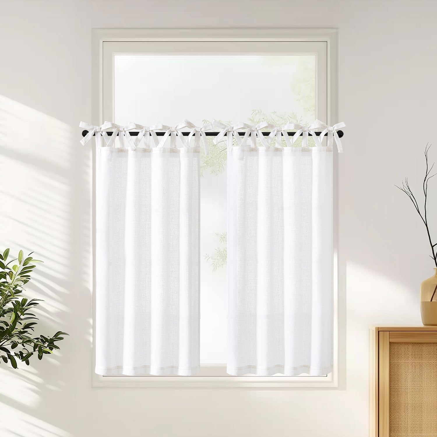 jinchan Linen Pinch Pleated Kitchen Curtains 24 Inch 2 Panels, Natural Linen Tier Curtains Back Tab Beige Farmhouse Cafe, Light Filtering Small Window Drapes for Bathroom Laundry Room Beige