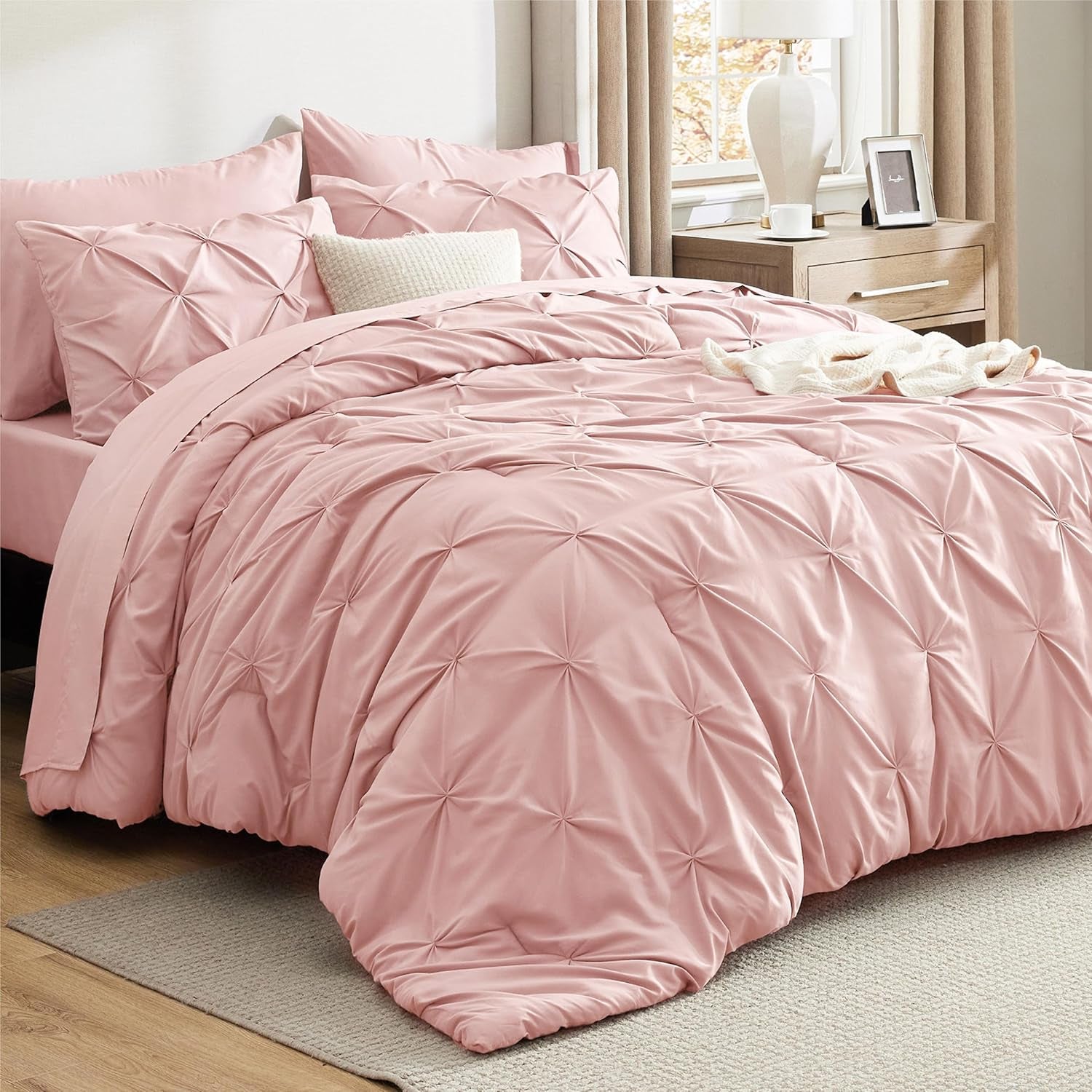 Bedsure Queen Comforter Set Grey - Bed in a Bag Queen Size 7 Pieces, GentleSoft™ Pintuck Bed Set Gift for Family, Pinch Pleat Grey Comforter with Sheets, Pillowcases & Shams