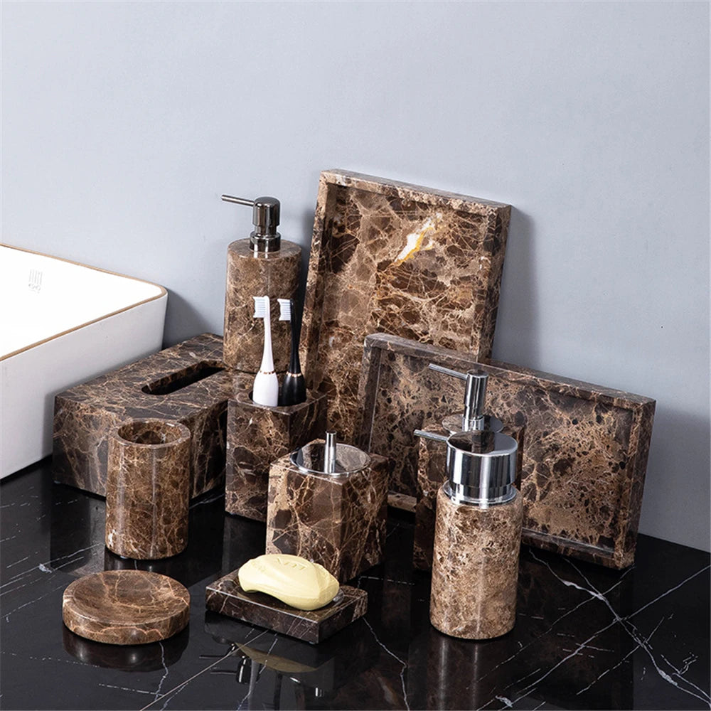 Brown Onyx Natural Marble Bathroom Accessories Luxury Marble Soap Dispenser Toothbrush Holder Soap Dish Tray Set for Bathroom