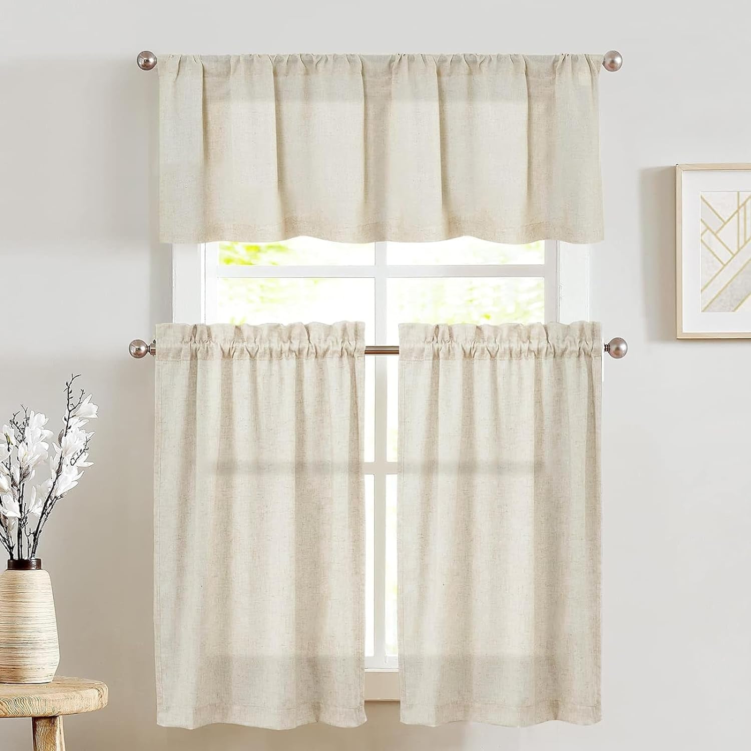 jinchan Linen Pinch Pleated Kitchen Curtains 24 Inch 2 Panels, Natural Linen Tier Curtains Back Tab Beige Farmhouse Cafe, Light Filtering Small Window Drapes for Bathroom Laundry Room Beige