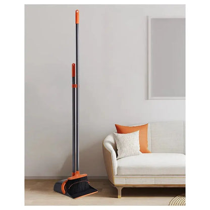 Broom and dustpan set with a 52-inch long handle, featuring a flexible rubber lip for efficient sweeping. Ideal for home cleaning with a standing dustpan.