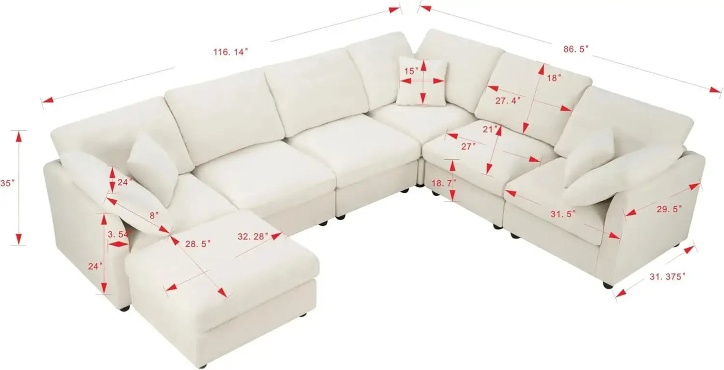 7 Seater Oversized Modular Sectional Sofa with deep seats and reversible chaise. Cloud couch design with free combination layout and plush cushions.