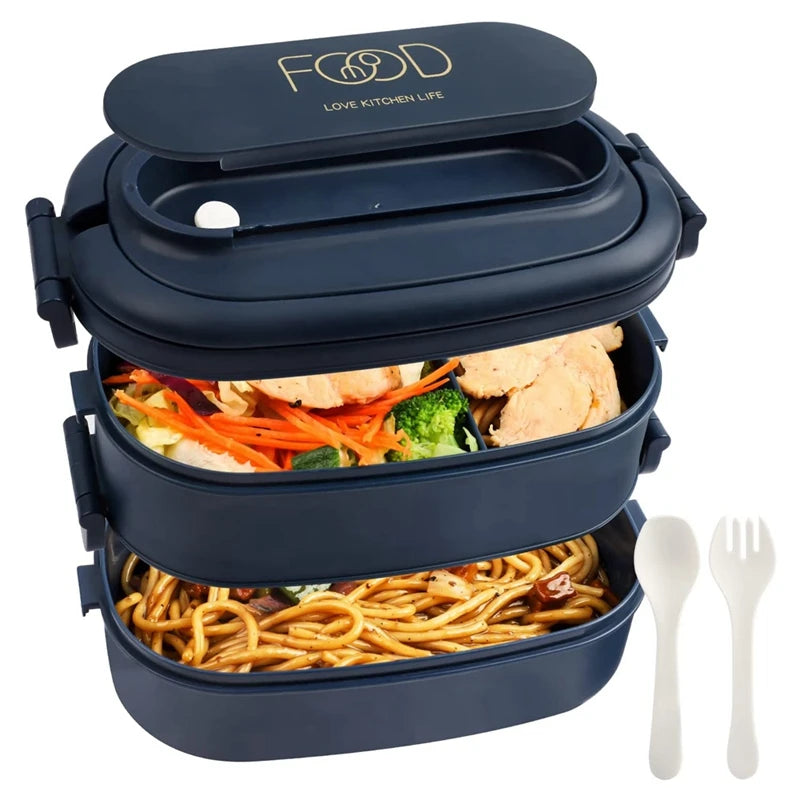 Leakproof bento box for kids and adults, 1550ML 2-layer lunch box set in navy blue. Dishwasher safe, freezer safe, and microwave safe.