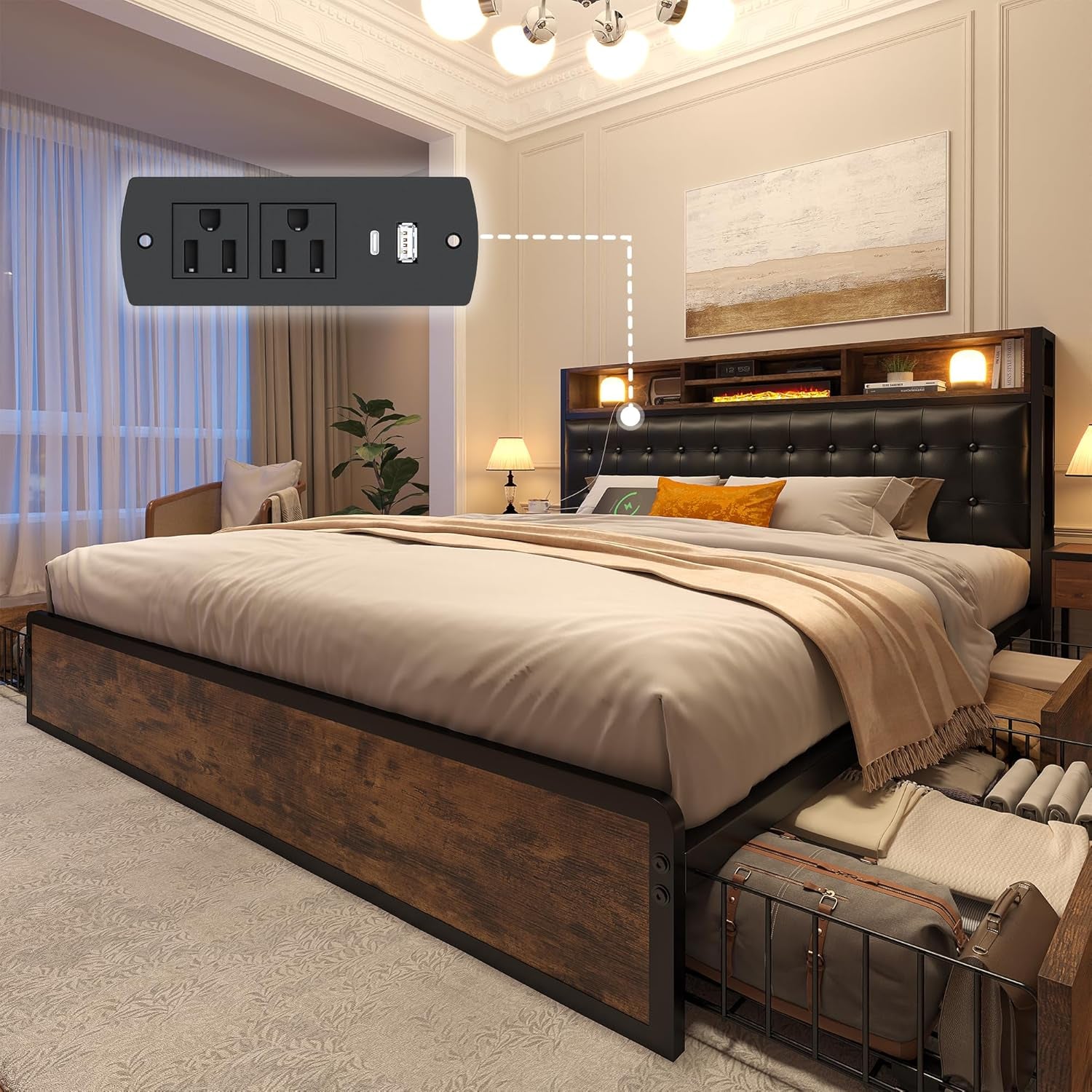 EnHomee King Size Bed Frame with 4 Storage Drawers King Bed Frame and Headboard Upholstered Charging Station,No Noise,No Box Spring Needed,Vintage Brown