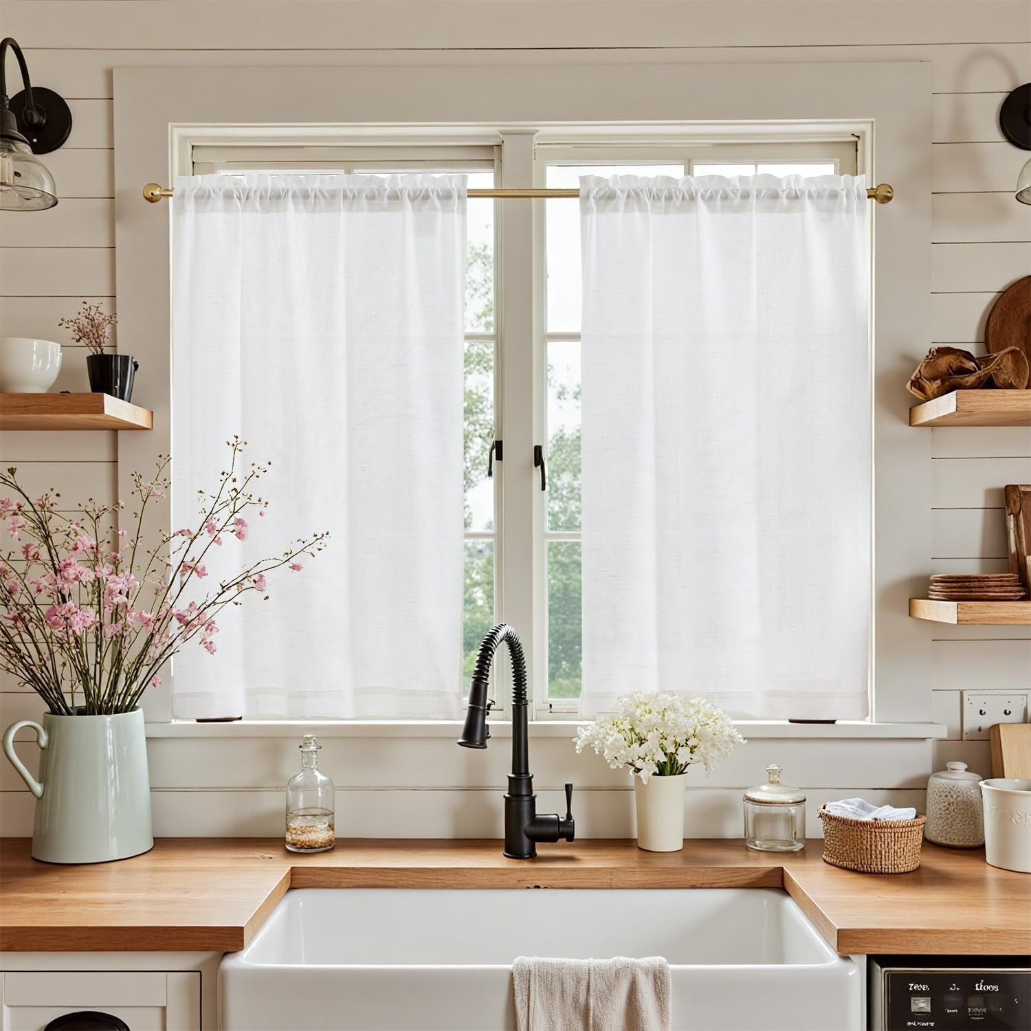 jinchan Linen Pinch Pleated Kitchen Curtains 24 Inch 2 Panels, Natural Linen Tier Curtains Back Tab Beige Farmhouse Cafe, Light Filtering Small Window Drapes for Bathroom Laundry Room Beige