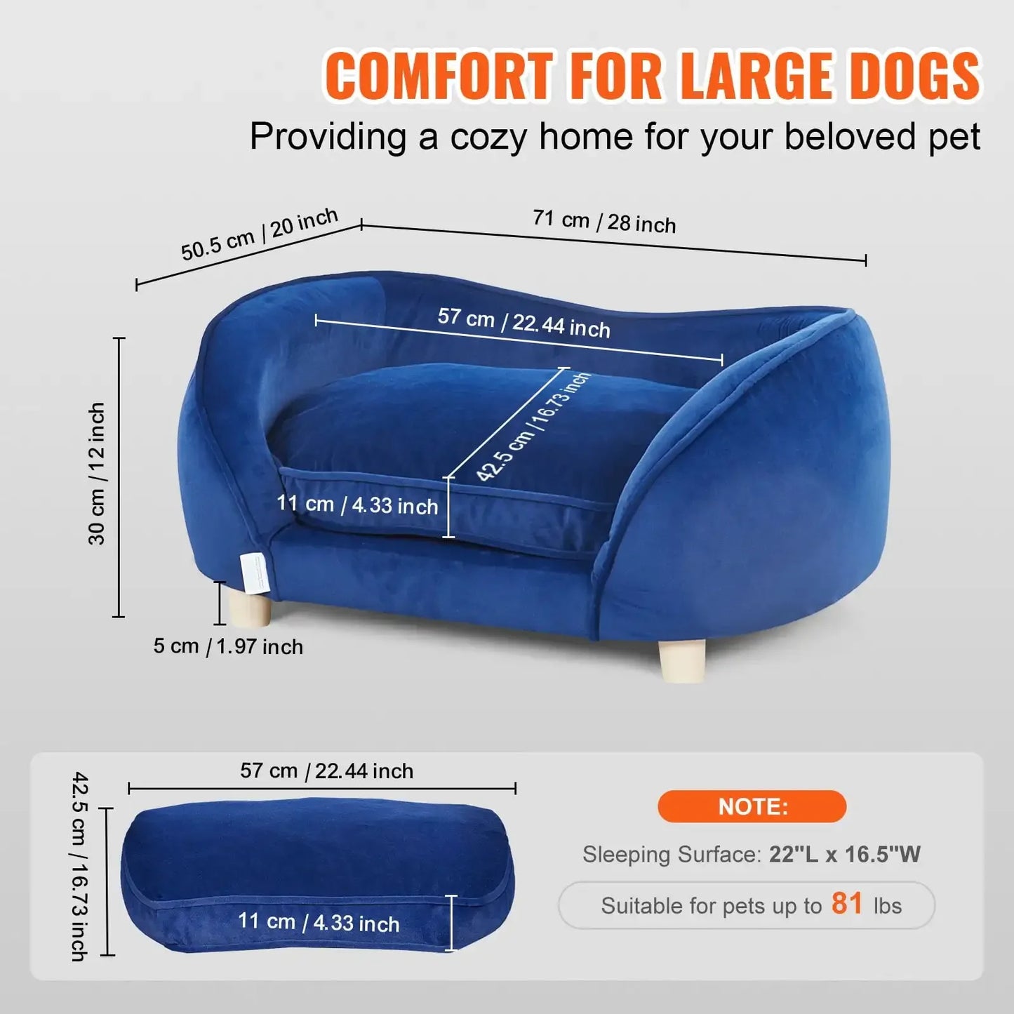 Pet Sofa, Dog Couch Bed for Medium-Sized Dogs and Cats, Supports up to 81 lbs