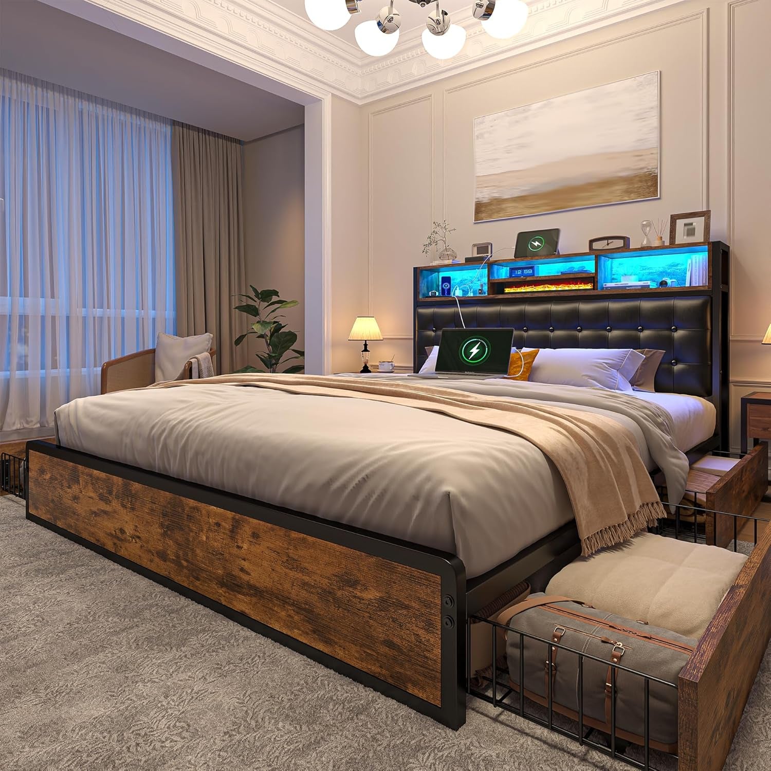 EnHomee King Size Bed Frame with 4 Storage Drawers King Bed Frame and Headboard Upholstered Charging Station,No Noise,No Box Spring Needed,Vintage Brown