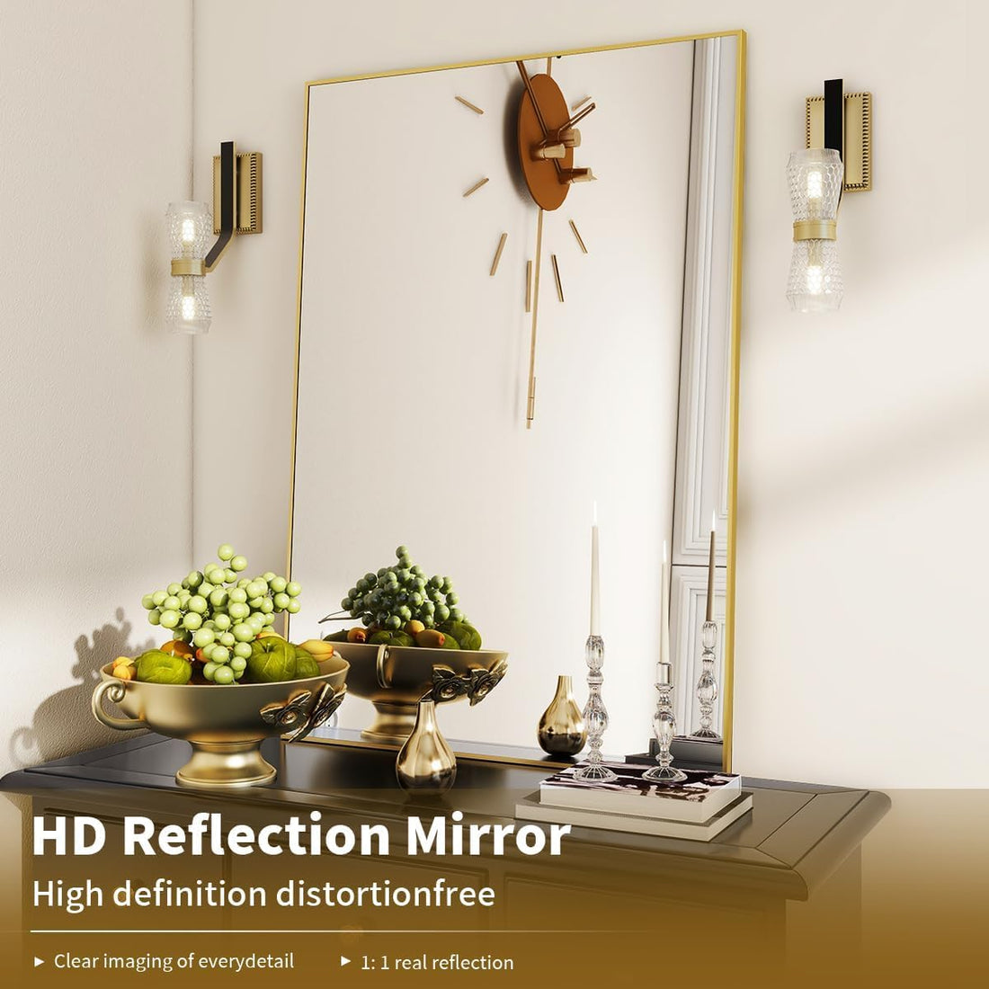 BEAUTYPEAK Gold Bathroom Wall Mirror - 24" x 36" Rectangular Mirror with Metal Frame, Hangs Horizontal or Vertical for Living Room Bedroom Bathroom Entryway