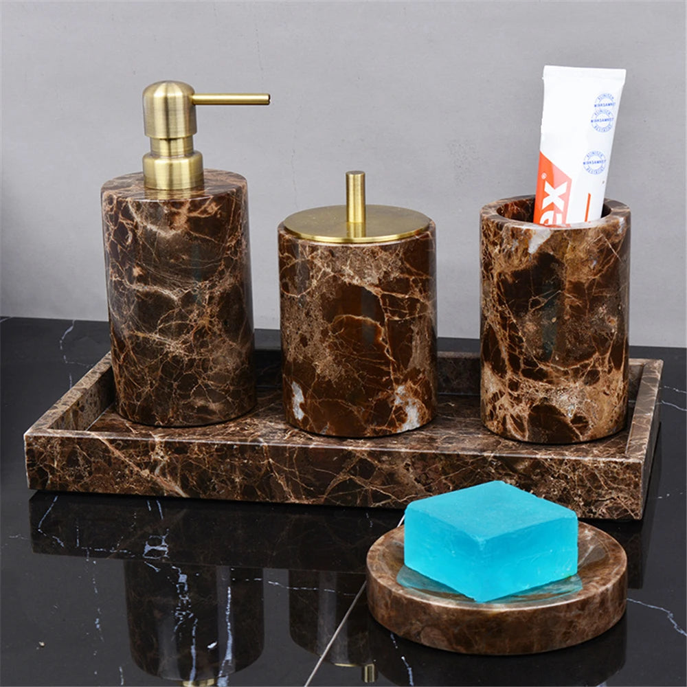 Brown Onyx Natural Marble Bathroom Accessories Luxury Marble Soap Dispenser Toothbrush Holder Soap Dish Tray Set for Bathroom