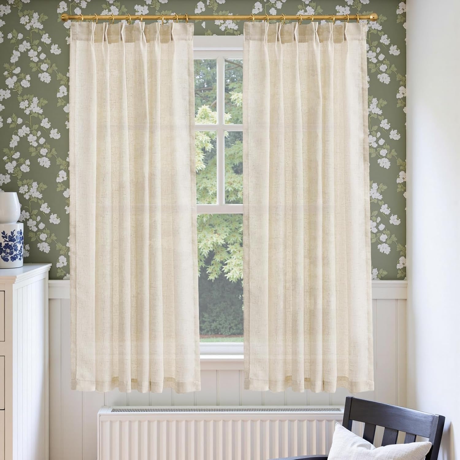 jinchan Linen Pinch Pleated Kitchen Curtains 24 Inch 2 Panels, Natural Linen Tier Curtains Back Tab Beige Farmhouse Cafe, Light Filtering Small Window Drapes for Bathroom Laundry Room Beige