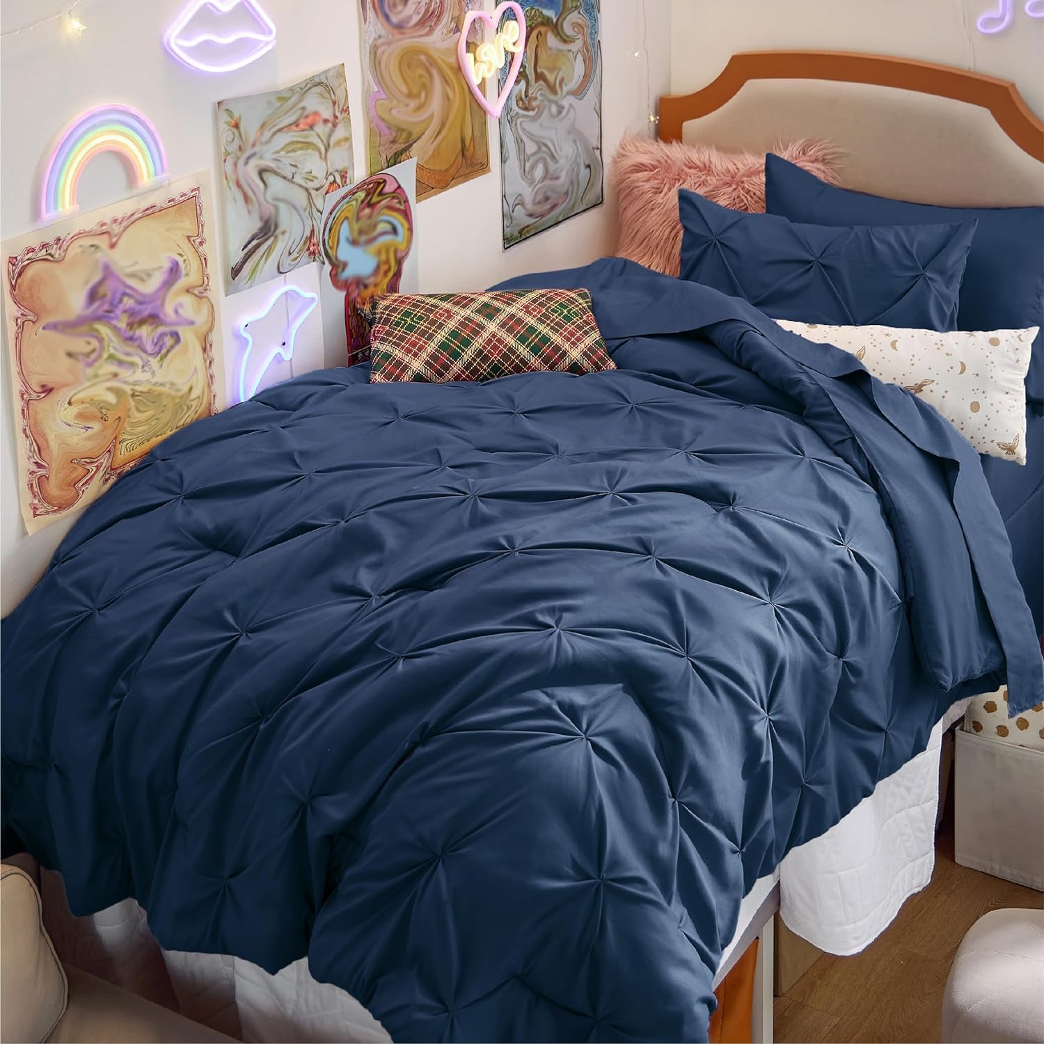 Bedsure Queen Comforter Set Grey - Bed in a Bag Queen Size 7 Pieces, GentleSoft™ Pintuck Bed Set Gift for Family, Pinch Pleat Grey Comforter with Sheets, Pillowcases & Shams