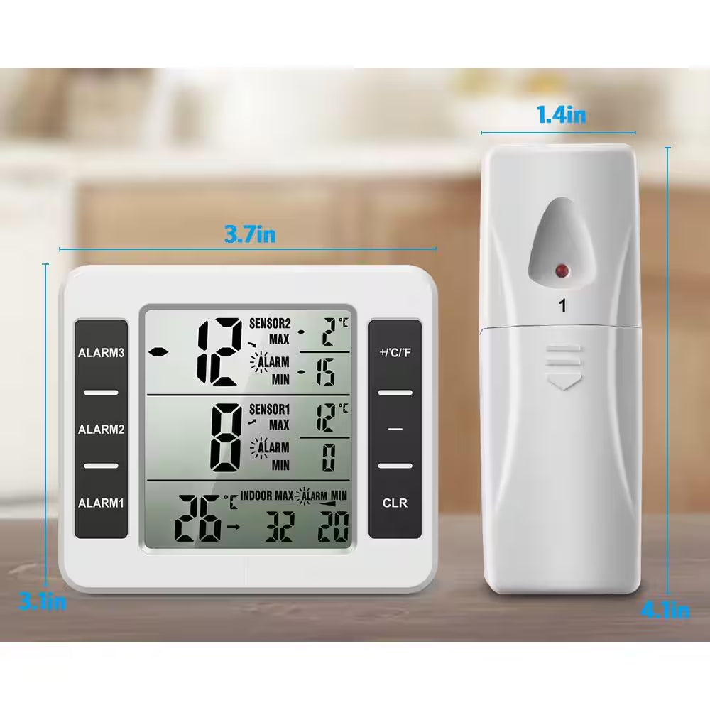 Indoor Wireless Refrigerator Thermometer with Alarm, Sensor Temperature for Kitchen in White