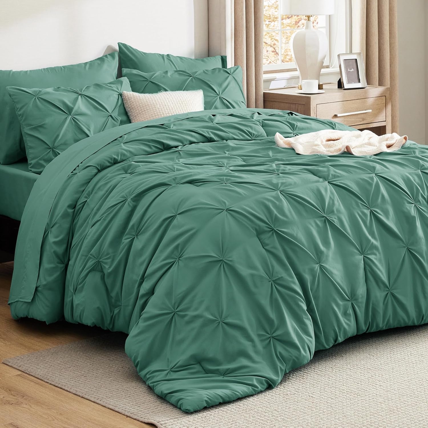 Bedsure Queen Comforter Set Grey - Bed in a Bag Queen Size 7 Pieces, GentleSoft™ Pintuck Bed Set Gift for Family, Pinch Pleat Grey Comforter with Sheets, Pillowcases & Shams