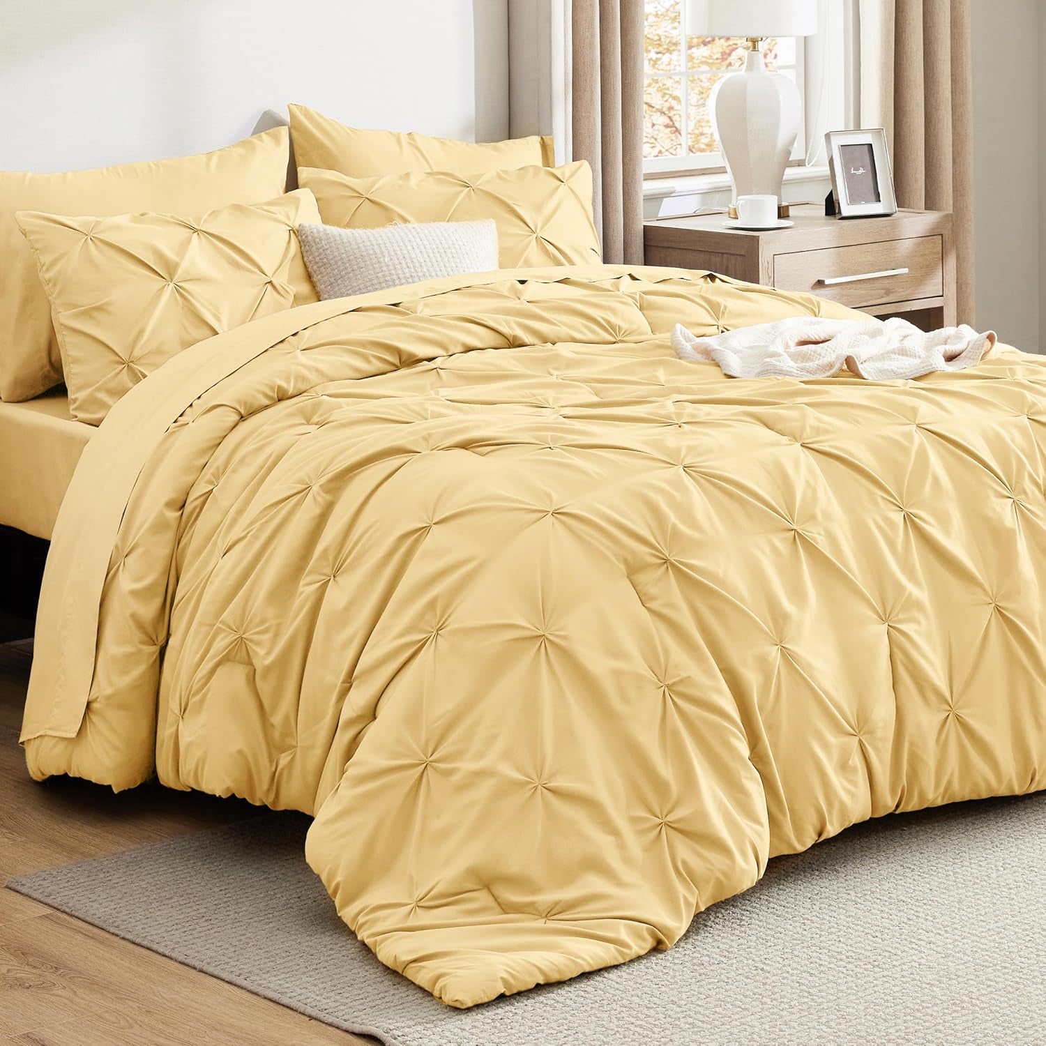 Bedsure Queen Comforter Set Grey - Bed in a Bag Queen Size 7 Pieces, GentleSoft™ Pintuck Bed Set Gift for Family, Pinch Pleat Grey Comforter with Sheets, Pillowcases & Shams