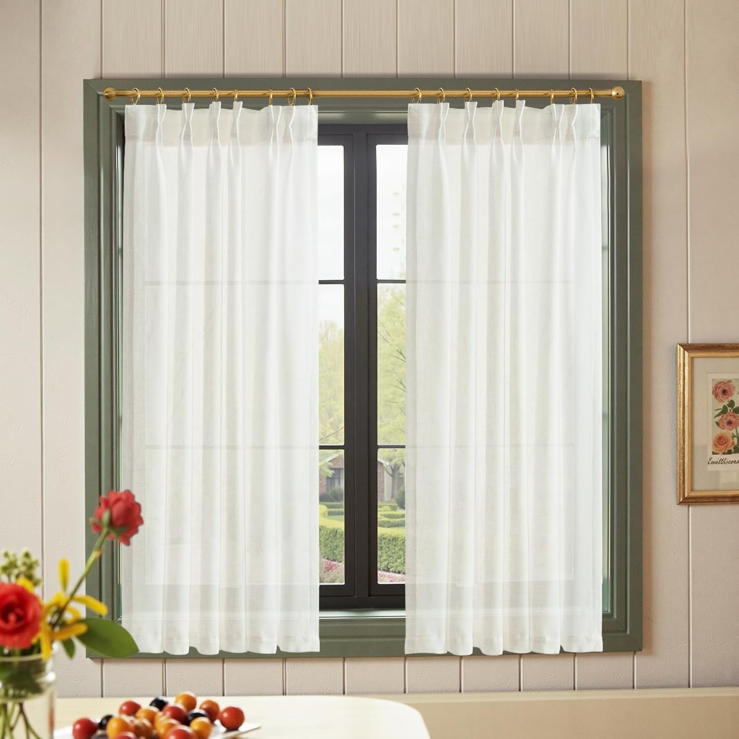 jinchan Linen Pinch Pleated Kitchen Curtains 24 Inch 2 Panels, Natural Linen Tier Curtains Back Tab Beige Farmhouse Cafe, Light Filtering Small Window Drapes for Bathroom Laundry Room Beige