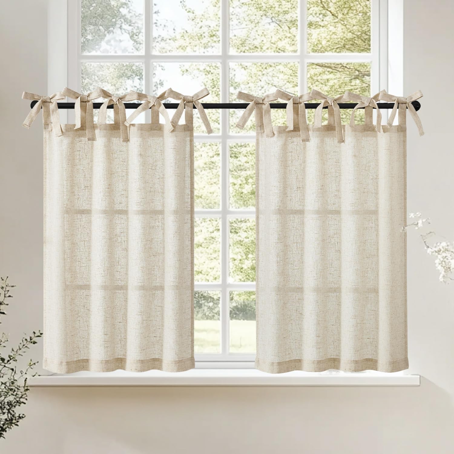 jinchan Linen Pinch Pleated Kitchen Curtains 24 Inch 2 Panels, Natural Linen Tier Curtains Back Tab Beige Farmhouse Cafe, Light Filtering Small Window Drapes for Bathroom Laundry Room Beige