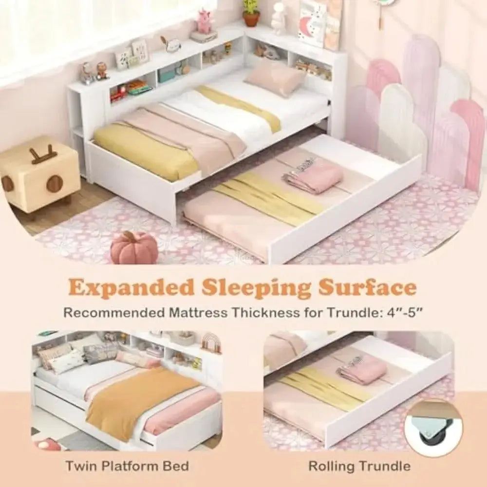 Twin daybed with trundle and storage in a cozy bedroom. Features a reversible bookcase headboard, wooden slats, and bedside shelves for organization.