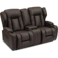 RV recliner sofa wall hugger with theater seating in dark brown leather. Features a center console with cup holders, ideal for RVs and home theaters.