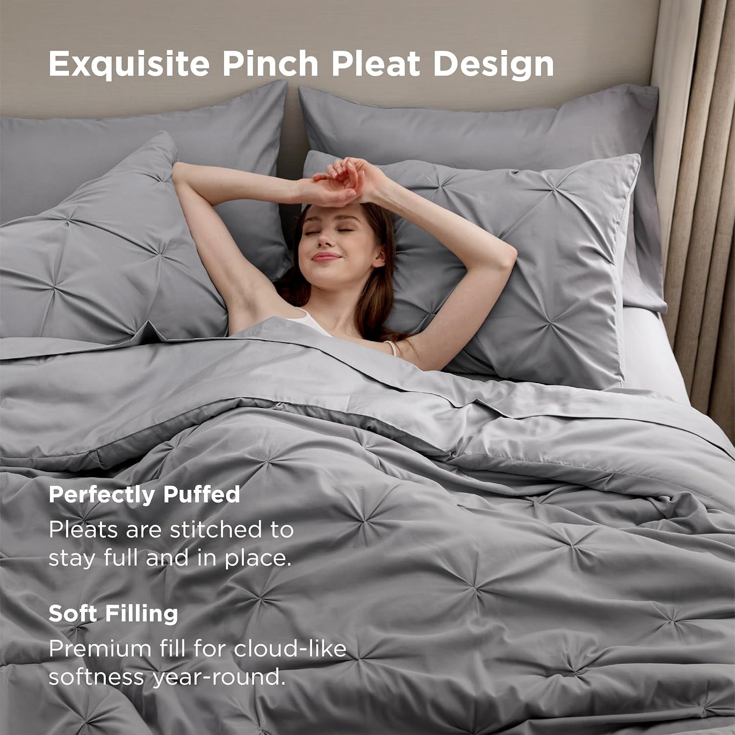 Bedsure Queen Comforter Set Grey - Bed in a Bag Queen Size 7 Pieces, GentleSoft™ Pintuck Bed Set Gift for Family, Pinch Pleat Grey Comforter with Sheets, Pillowcases & Shams