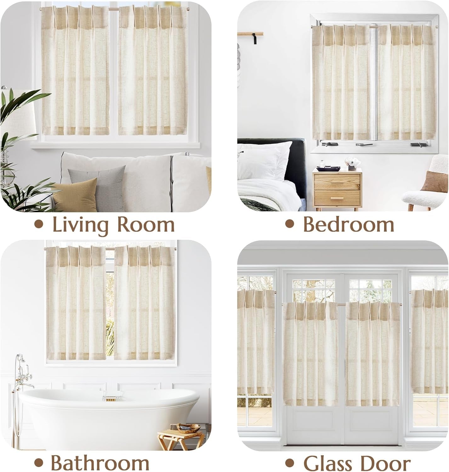jinchan Linen Pinch Pleated Kitchen Curtains 24 Inch 2 Panels, Natural Linen Tier Curtains Back Tab Beige Farmhouse Cafe, Light Filtering Small Window Drapes for Bathroom Laundry Room Beige