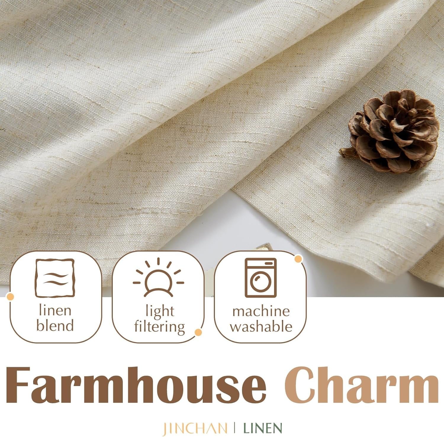 jinchan Linen Pinch Pleated Kitchen Curtains 24 Inch 2 Panels, Natural Linen Tier Curtains Back Tab Beige Farmhouse Cafe, Light Filtering Small Window Drapes for Bathroom Laundry Room Beige