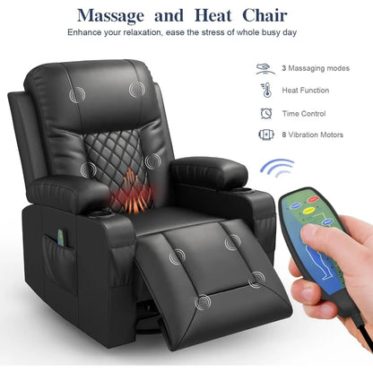 Massage Rocker with Heated Modern Ergonomic Lounge 360 Degree Swivel Single Sofa Seat Living Room Lounge Recliners Black