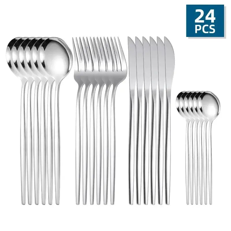 24-piece stainless steel golden cutlery set with a mirror finish, including forks, knives, and spoons. Elegant gold flatware for modern dining.