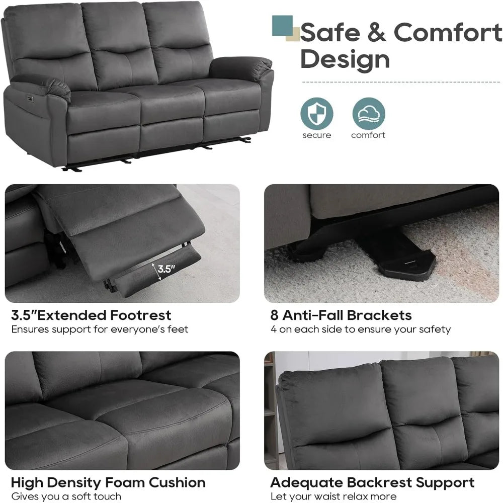 Power Reclining Sofa, Power Reclining Sofa with Drop Down Table, Cup Holder and USB Port, Modern Recliner Sofa 3 Seater,Wall Hug