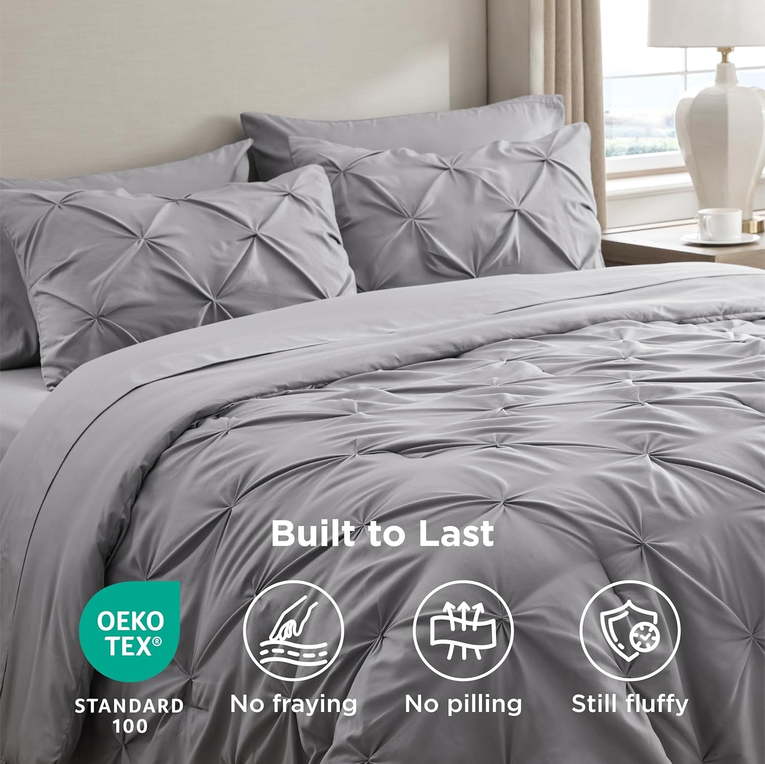Bedsure Queen Comforter Set Grey - Bed in a Bag Queen Size 7 Pieces, GentleSoft™ Pintuck Bed Set Gift for Family, Pinch Pleat Grey Comforter with Sheets, Pillowcases & Shams