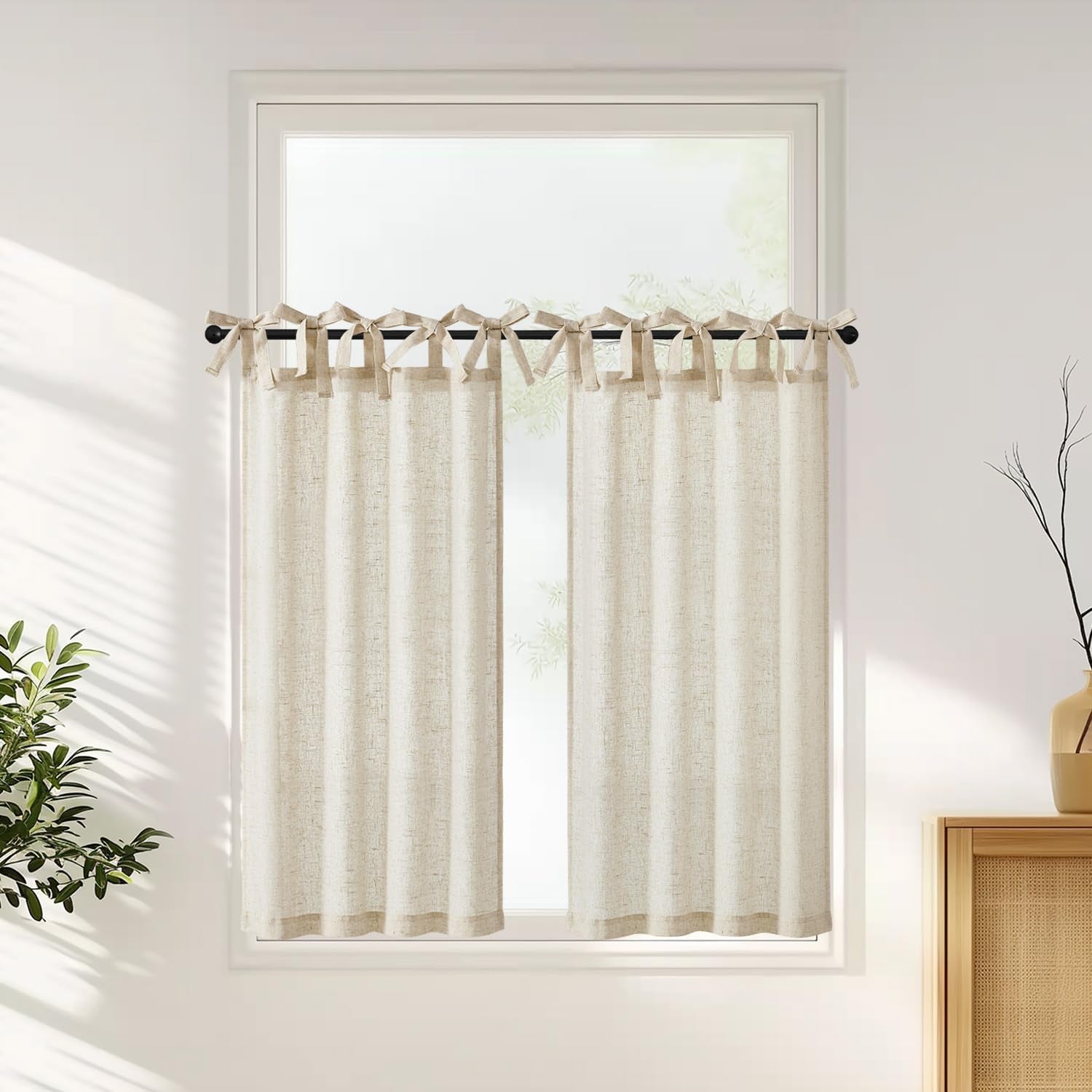 jinchan Linen Pinch Pleated Kitchen Curtains 24 Inch 2 Panels, Natural Linen Tier Curtains Back Tab Beige Farmhouse Cafe, Light Filtering Small Window Drapes for Bathroom Laundry Room Beige