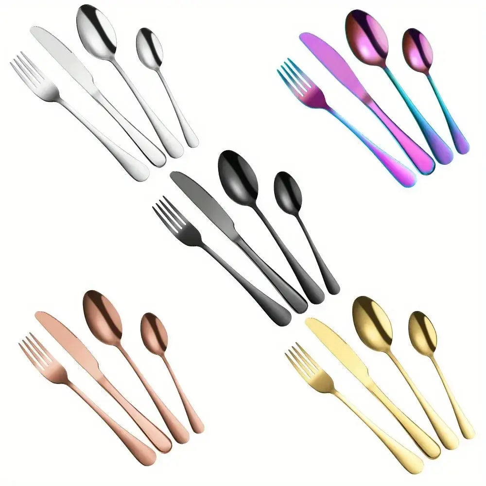 24-piece stainless steel cutlery set in various colors, including gold, black, white, and iridescent. Includes knives, forks, spoons, and teaspoons with a stylish stand.