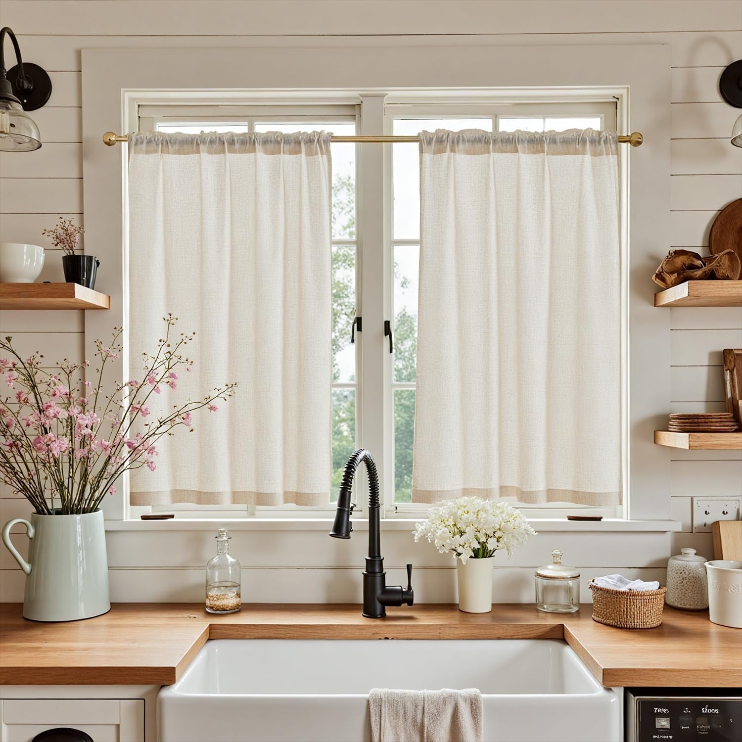 jinchan Linen Pinch Pleated Kitchen Curtains 24 Inch 2 Panels, Natural Linen Tier Curtains Back Tab Beige Farmhouse Cafe, Light Filtering Small Window Drapes for Bathroom Laundry Room Beige