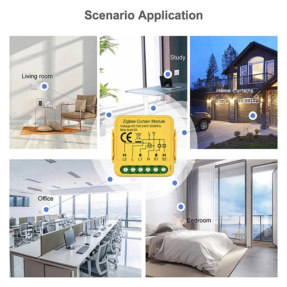 Tuya Smart Life WiFi Curtain Module enables app remote control for roller shutters and blinds via smartphone, compatible with Google Home and Alexa.