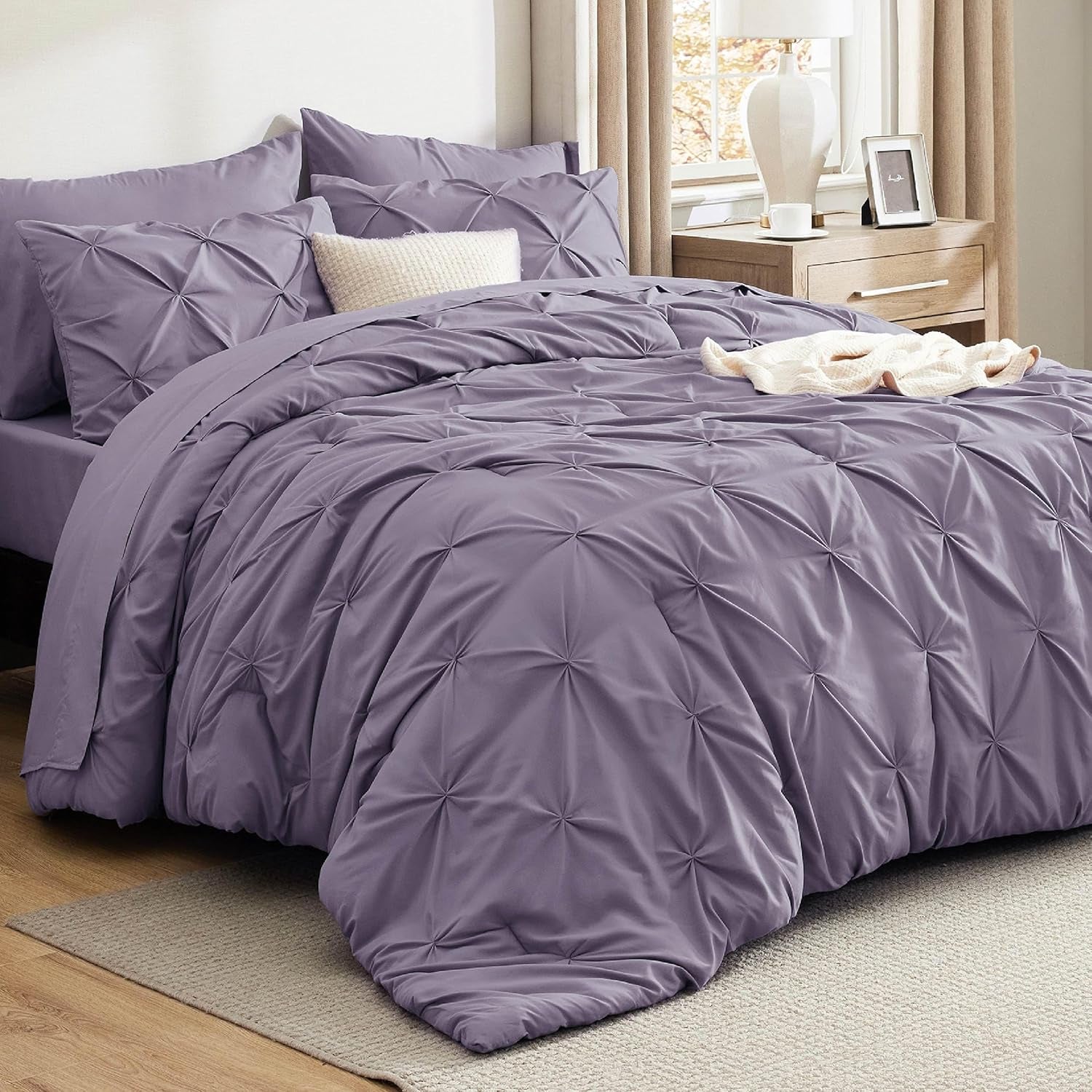 Bedsure Queen Comforter Set Grey - Bed in a Bag Queen Size 7 Pieces, GentleSoft™ Pintuck Bed Set Gift for Family, Pinch Pleat Grey Comforter with Sheets, Pillowcases & Shams