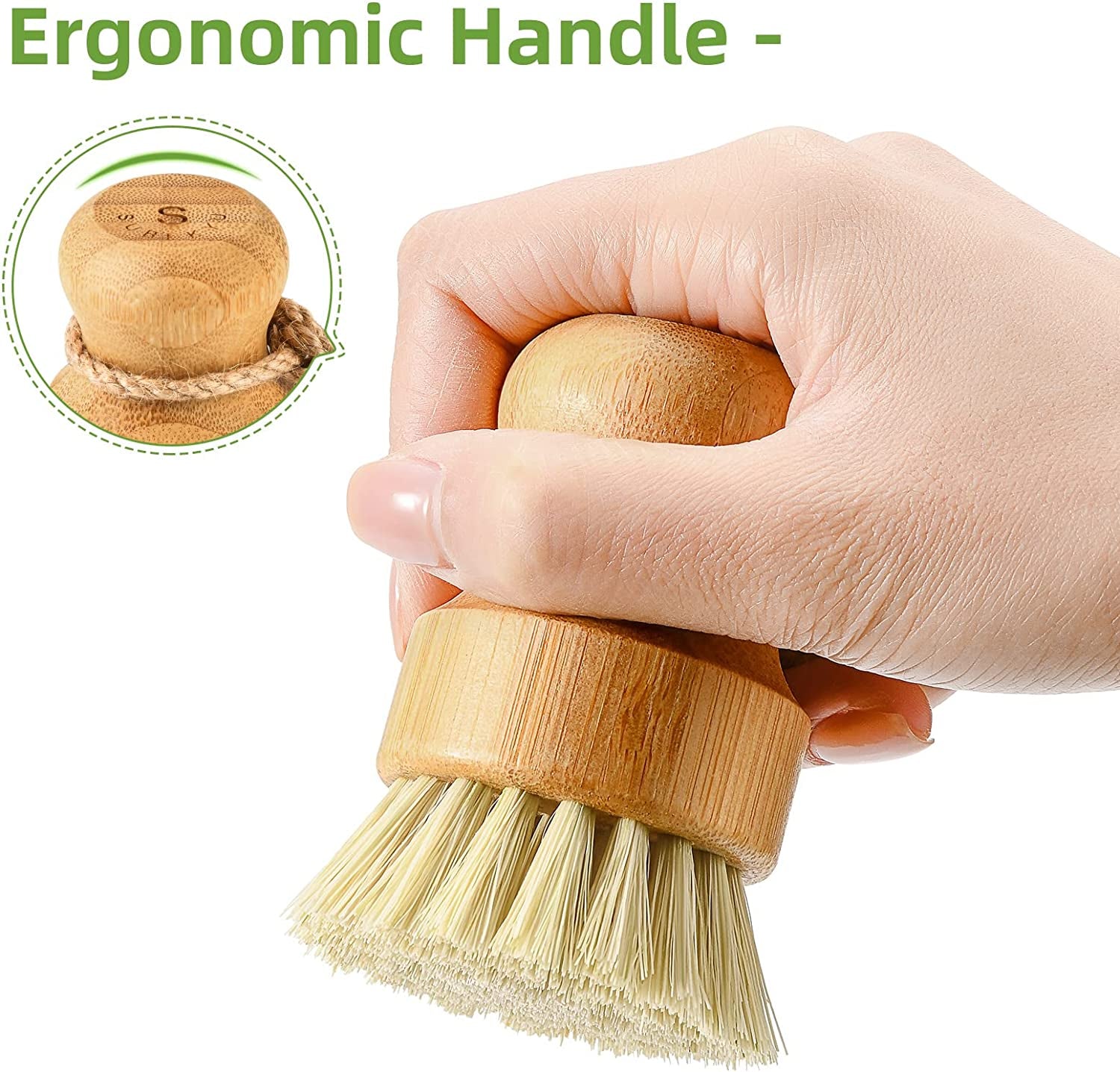 Bamboo Dish Scrub Brushes by Subekyu, Kitchen Wooden Cleaning Scrubbers Set for Washing Cast Iron Pan/Pot, Natural Sisal Bristles, Set of 3