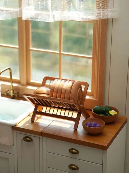 Mini Dollhouse Furniture Set - 1:6 solid wood bowls, plates, and trays arranged on a wooden table. Perfect for Bjd and Lol doll accessories.