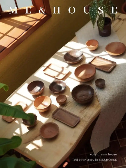 Mini Dollhouse Furniture Set - 1:6 solid wood bowls, plates, and trays arranged on a wooden table. Perfect for Bjd and Lol doll accessories.