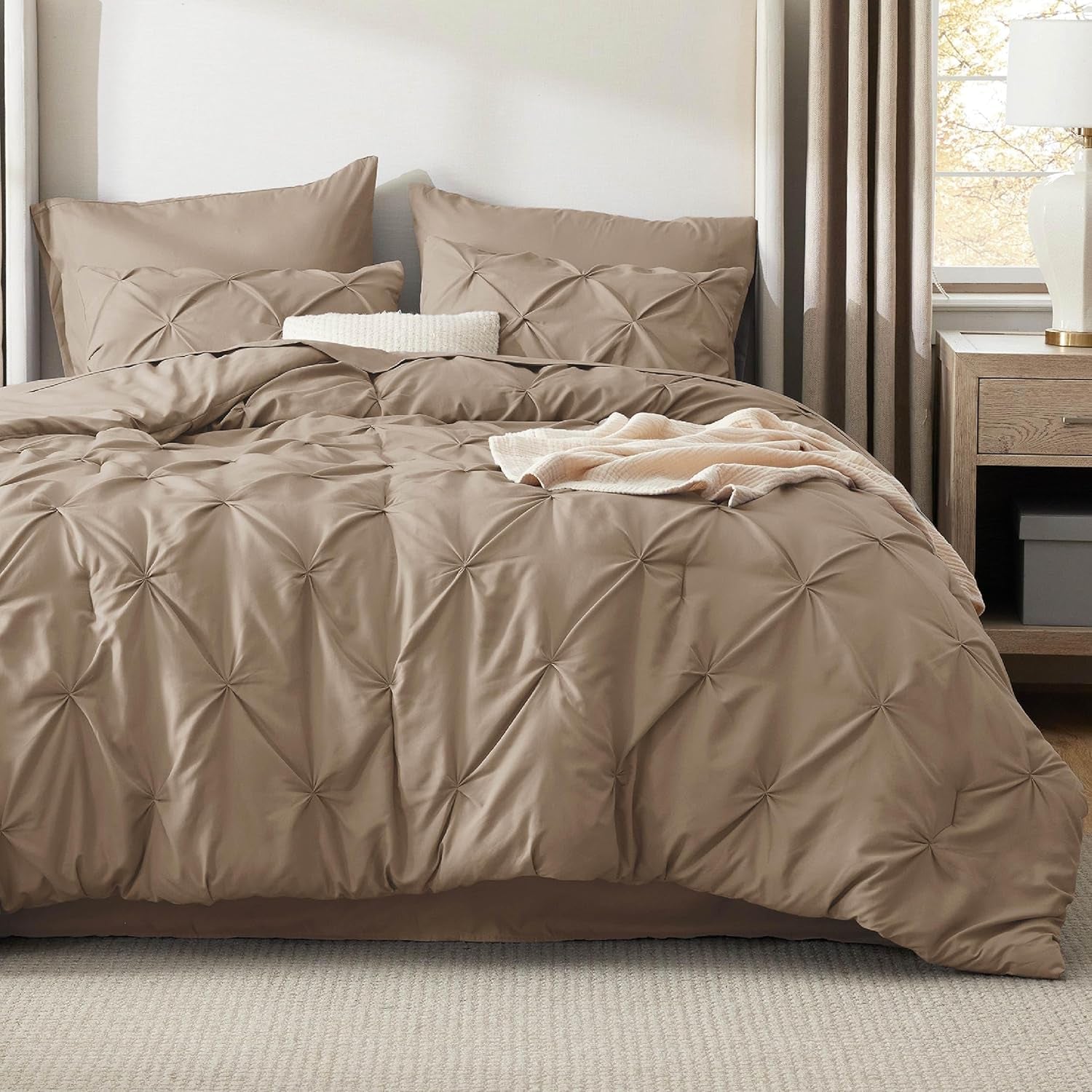Bedsure Queen Comforter Set Grey - Bed in a Bag Queen Size 7 Pieces, GentleSoft™ Pintuck Bed Set Gift for Family, Pinch Pleat Grey Comforter with Sheets, Pillowcases & Shams