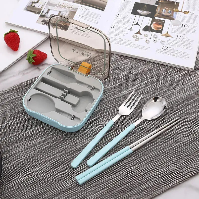 Stainless steel travel cutlery set in compact cases. Portable and reusable silverware with spoon, fork, and chopsticks, ideal for picnics or travel.