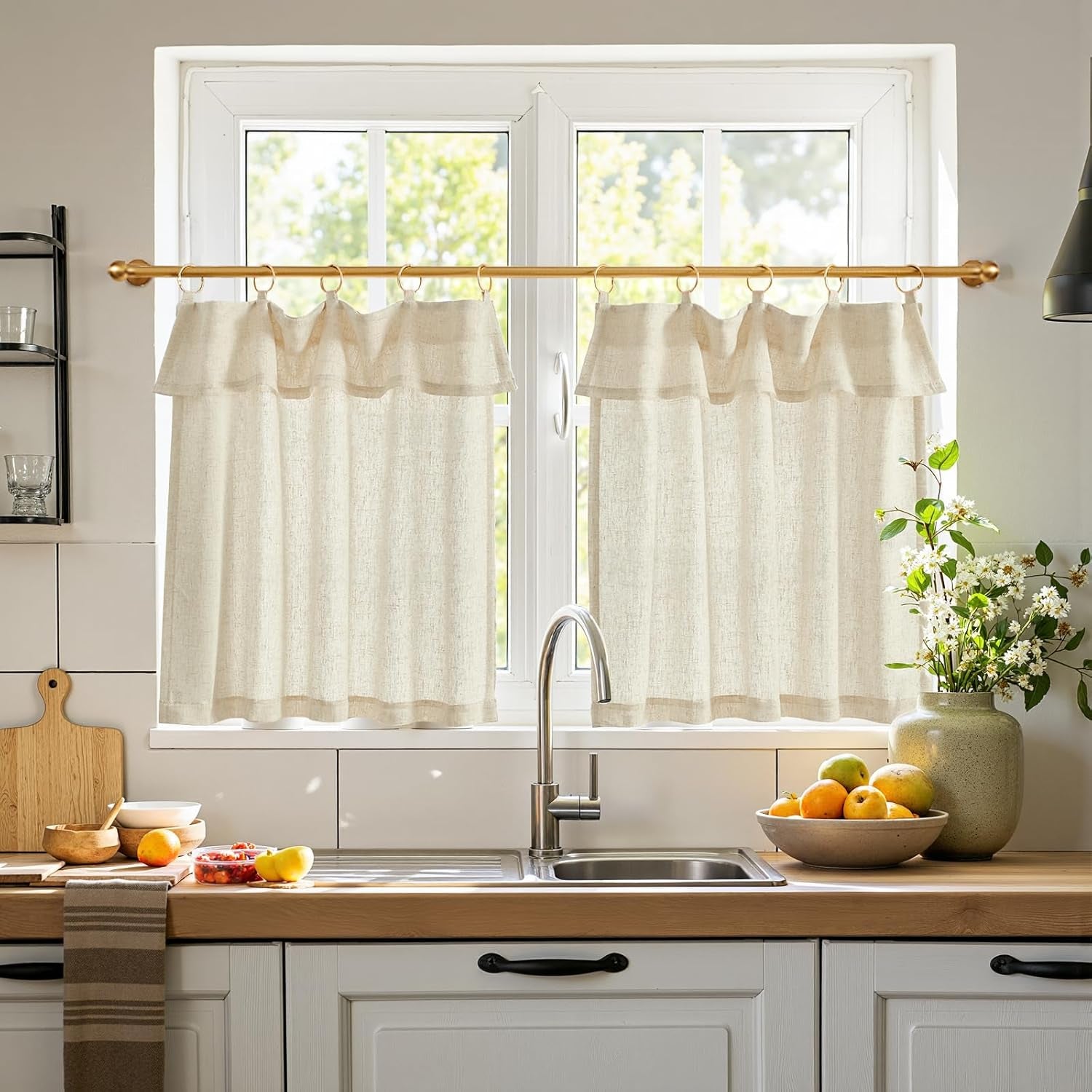 jinchan Linen Pinch Pleated Kitchen Curtains 24 Inch 2 Panels, Natural Linen Tier Curtains Back Tab Beige Farmhouse Cafe, Light Filtering Small Window Drapes for Bathroom Laundry Room Beige