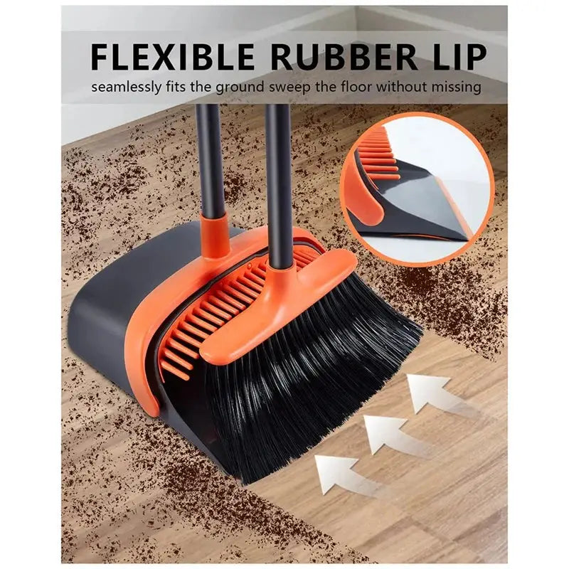 Broom and dustpan set with a 52-inch long handle, featuring a flexible rubber lip for efficient sweeping. Ideal for home cleaning with a standing dustpan.