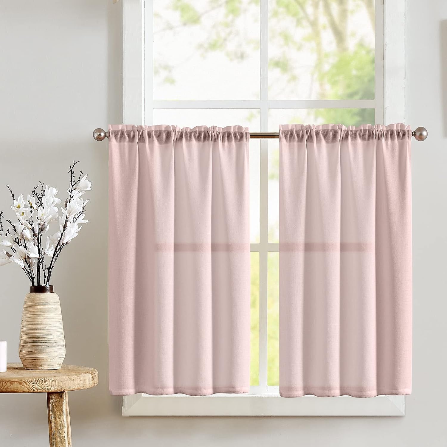 jinchan Linen Pinch Pleated Kitchen Curtains 24 Inch 2 Panels, Natural Linen Tier Curtains Back Tab Beige Farmhouse Cafe, Light Filtering Small Window Drapes for Bathroom Laundry Room Beige