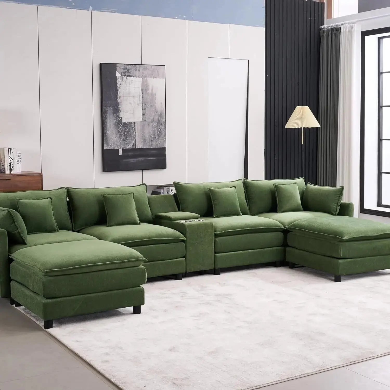 144'' U Shaped Modular Sectional Sofa in green upholstery with storage console, cupholders, and USB port. Features plush cushions for maximum comfort.