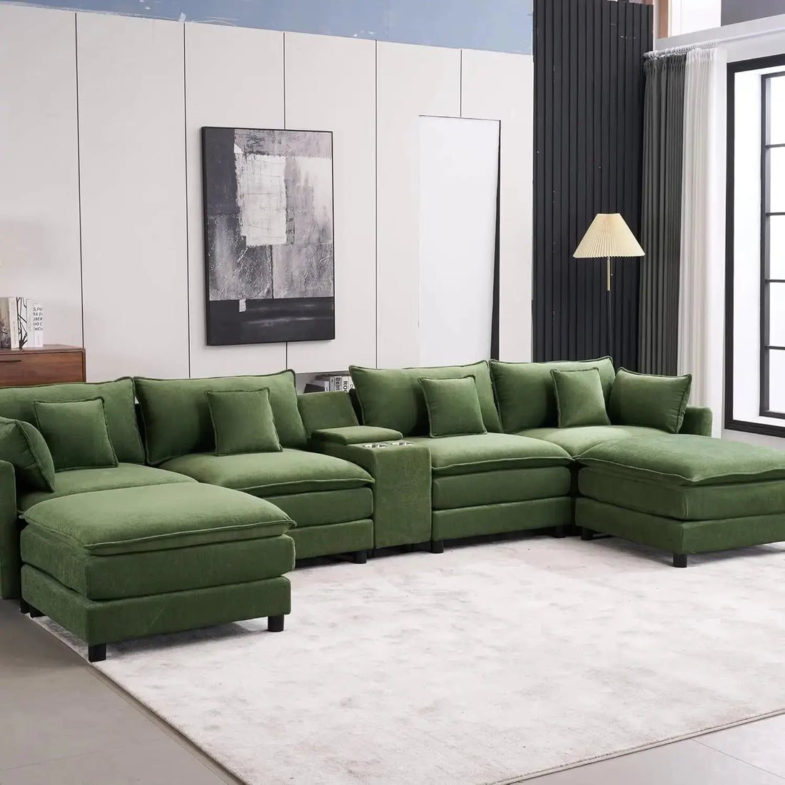 144'' U Shaped Modular Sectional Sofa in green upholstery with storage console, cupholders, and USB port. Features plush cushions for maximum comfort.