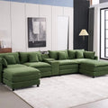 144'' U Shaped Modular Sectional Sofa in green upholstery with storage console, cupholders, and USB port. Features plush cushions for maximum comfort.